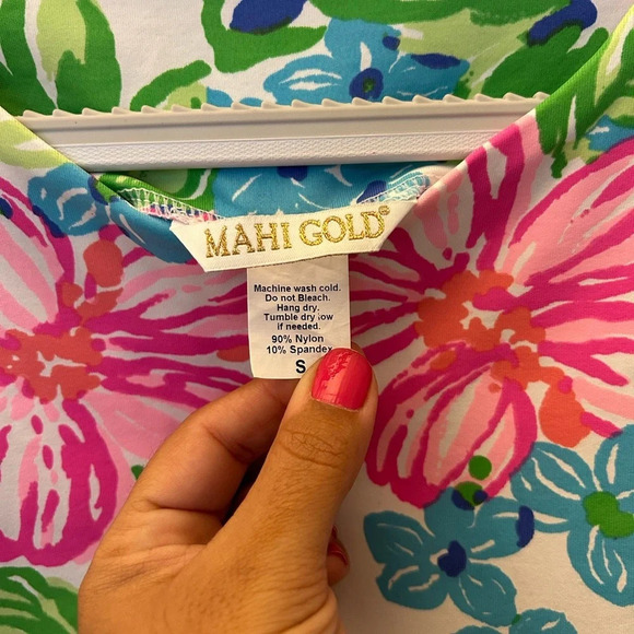 Mahi Gold Callie Dress Happy Hibiscus Tropical Floral Stretch Beachy Spandex s - Picture 5 of 5